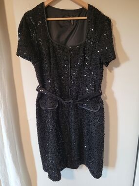 Donna Karan Black Sequin Mini Dress with Belted Waist